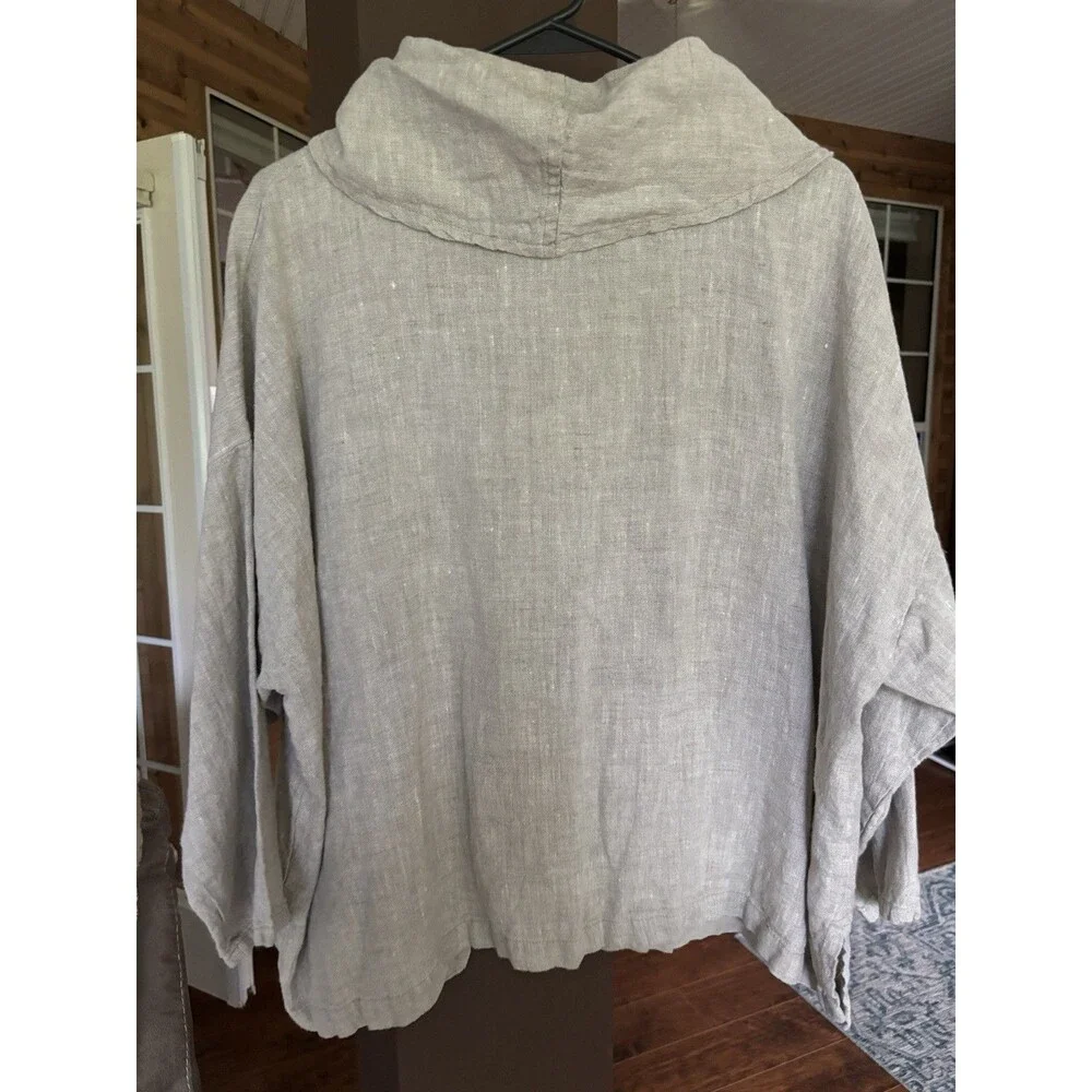 Odile 100% Linen Cowel Neck Shirt Women M Tan Artistic Hand Painted